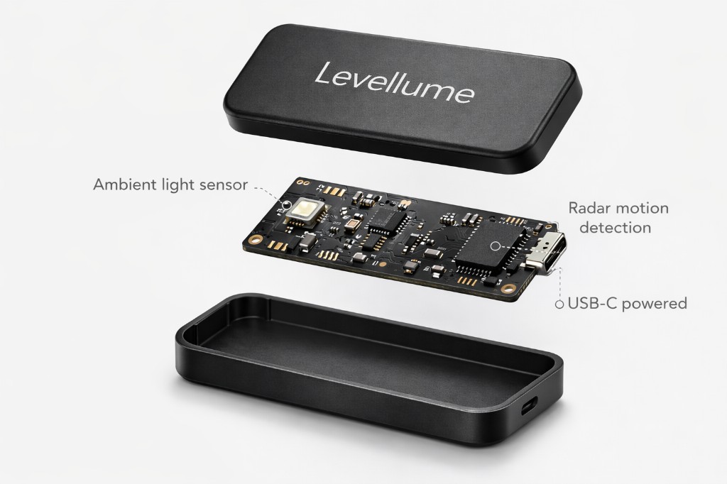 Level Lume exploded view — cover, circuit board with adaptive lighting and ECO mode, USB-C powered